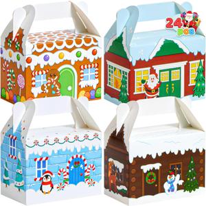 JOYIN 24 PCS 3D Christmas House Cardboard Treat Boxes for Holiday Xmas Goody Gift, Goodie Paper Boxes, School Classroom Party Favor Supplies, 4 Designs Candy Treat Cardboard Cookie Boxes (Blue, Orange, Brown, Red)