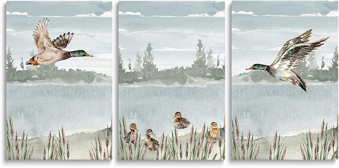 SKYSUKEY Watercolor Duck Hunting Nursery Decor, Set of 3 Mallard Duck Wall Prints, Nursery Wall Decor for Little Boys Girls Room, Rustic Outdoor Hunter Themed Decor, Framed Canvas Wall Art 12"x16"