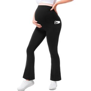 Walifrey Maternity Flared Leggings with Pocket Over The Belly Buttery Soft Pregnancy Yoga Pants for Workout (Medium, Black)
