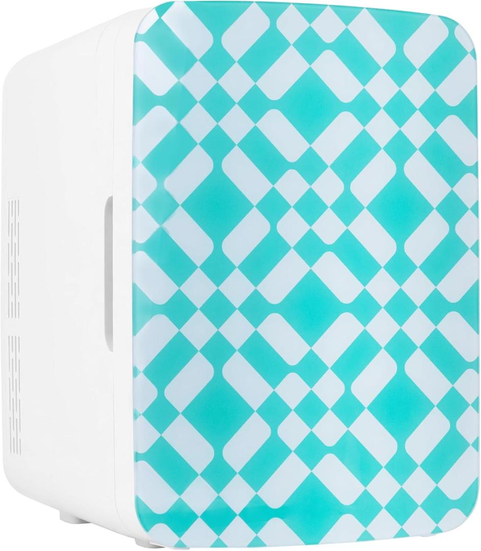Cooluli 10L Mini Fridge for Bedroom - Car, Office Desk & Dorm Room - 12v Portable Cooler & Warmer for Food, Drinks, Skincare, Beauty & Makeup - AC/DC Small Refrigerator with Glass Front, Green Pattern (10 Liter, Checkered Green)