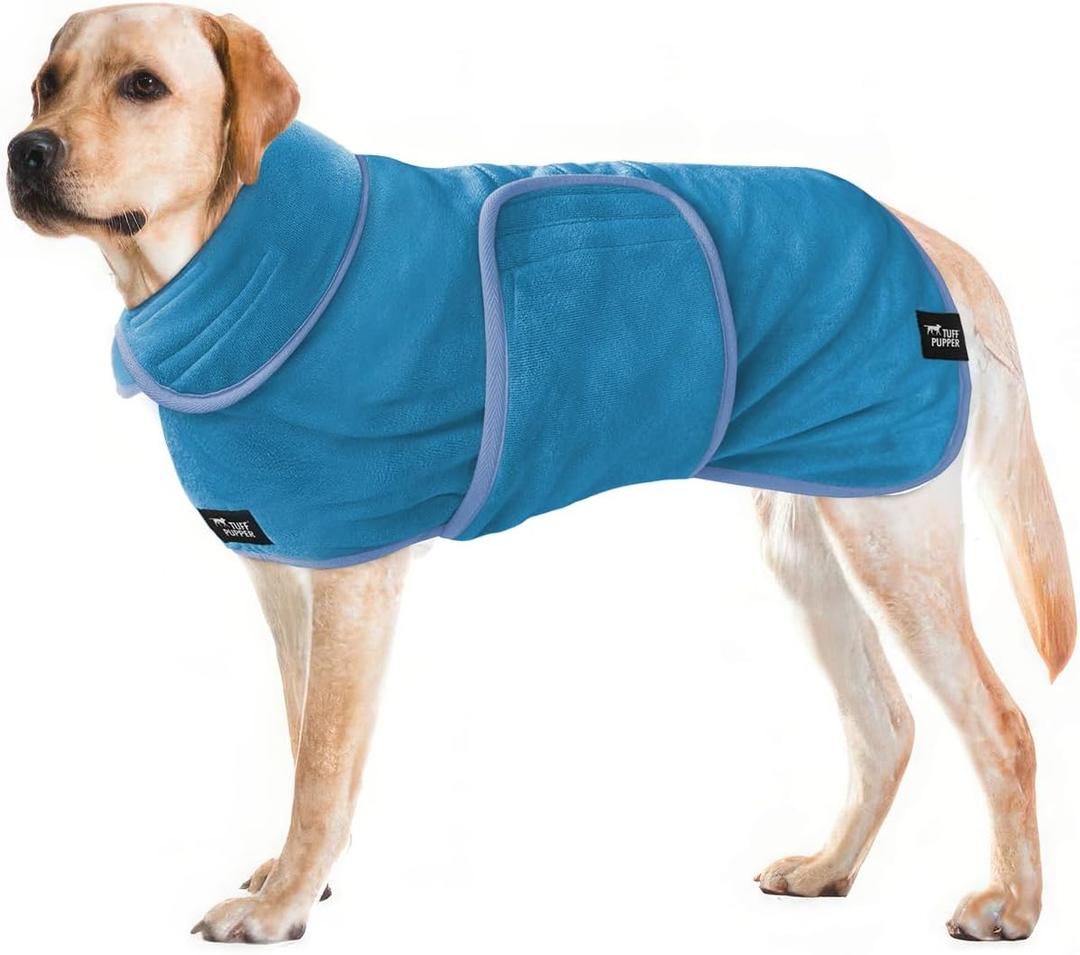 Tuff Pupper Fast Drying Dog Bath Robe | 800 GSM Plush Dog Towel Bathrobe/Dressing Gown | Super Absorbent Pet/Puppy Bathrobe | Adjustable Hood & Belly Strap | Super Soft | Fast Drying (XL, Blue)