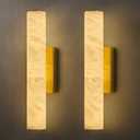 Natural Alabaster Brass Wall Sconce: Set of 2 Marble Stone Vanity Sconces | Modern Luxury Spanish Brushed Gold Indoor Lighting Fixture with Dimmable LED Strip Light for Bathroom Hallway Bedroom, 2 Pack