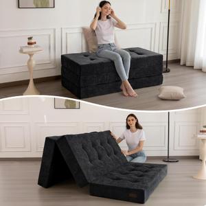MAXYOYO 6" Folding Sofa Bed for Floor, Tufted Tri-Fold Floor Mattress with Chenille Fabric, Full Size Portable Sofa Couch Guest Mat for Adults, Foldable Topper for Camping, Black, 53"x75"