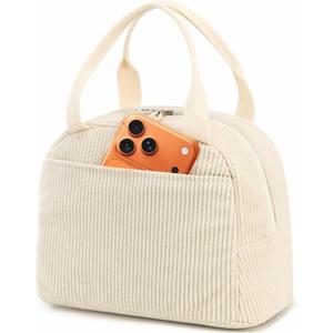 Corduroy Insulated Lunch Tote with Front Pocket for Women & Men  Leakproof Reusable Meal & Food Bag, Large Capacity for Office, Picnic & Travel  Beige