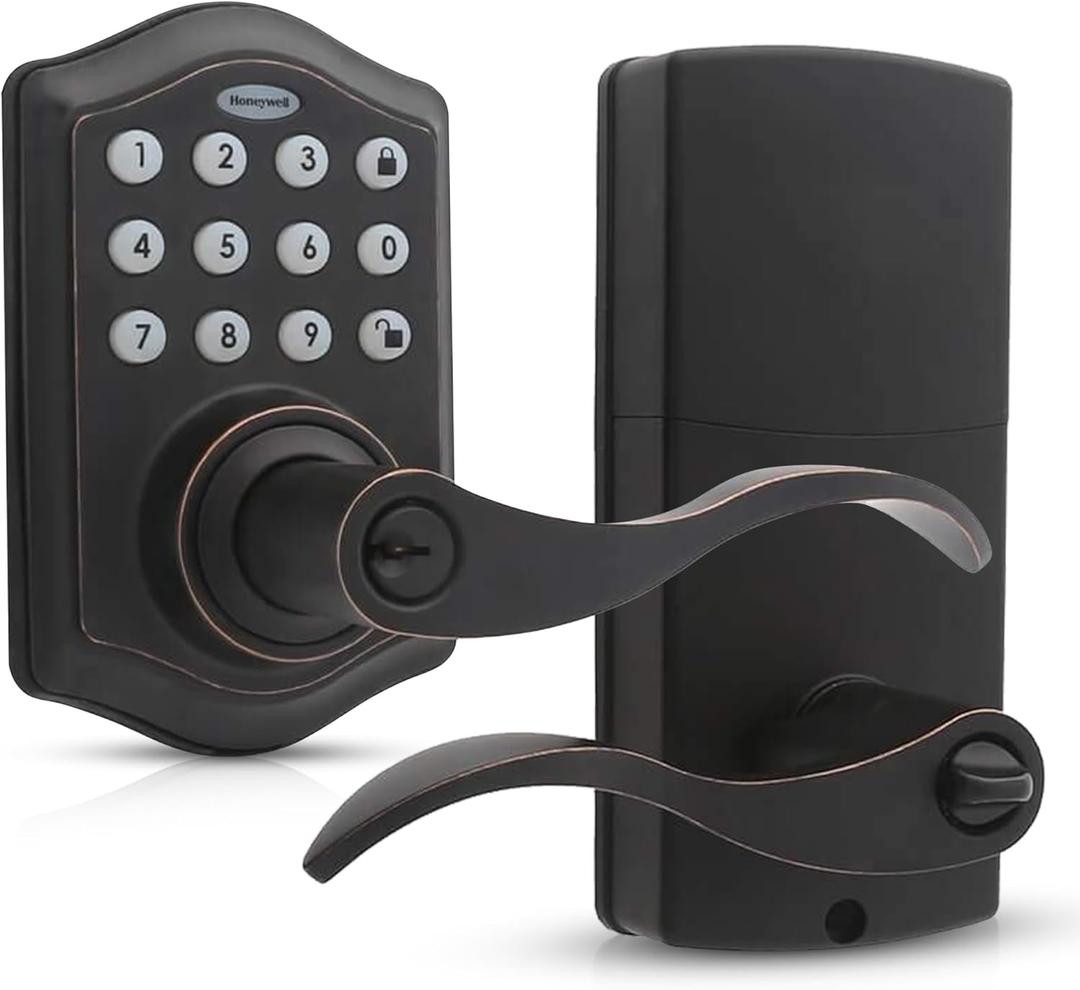 Honeywell Safes & Door Locks - Keyless Entry Lever Door Lock Handle with Electronic Keypad - Easy to Install Front Door Lock with 50 User Pin Codes - Oil Rubed Bronze, 6.5 x 8.8 x 9 in - 8734401