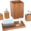 Seville Classics Bamboo Eco-Conscious Bathroom Vanity Organizer Set Kitchen Home Over The Sink Trash Bin, Soap, Cotton Ball Holder, Towel Tray, 5 Piece, Bamboo