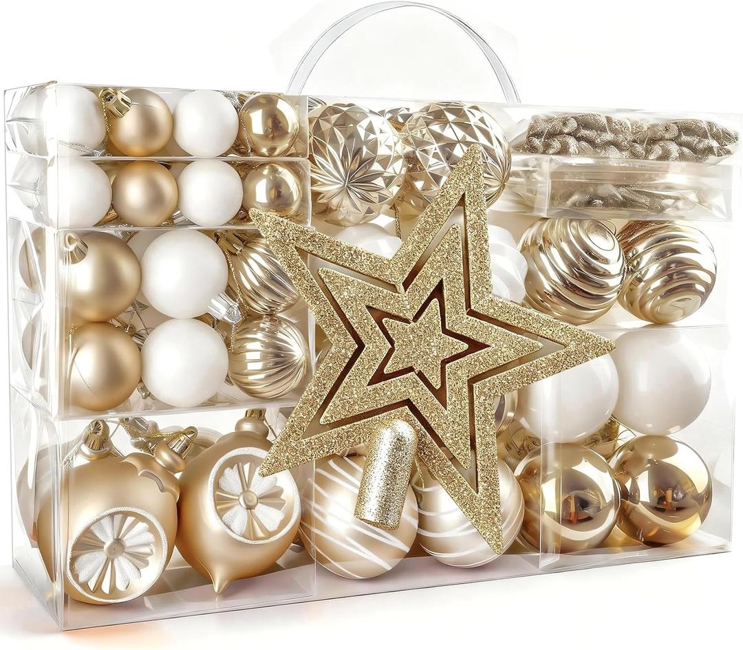 149ct Christmas Ball Ornaments - Shatterproof Xmas Tree Decorations with 36 Hooks, Hanging Baubles for Holiday Party, Home Decor, Wreath & Garland (Champagne & White)