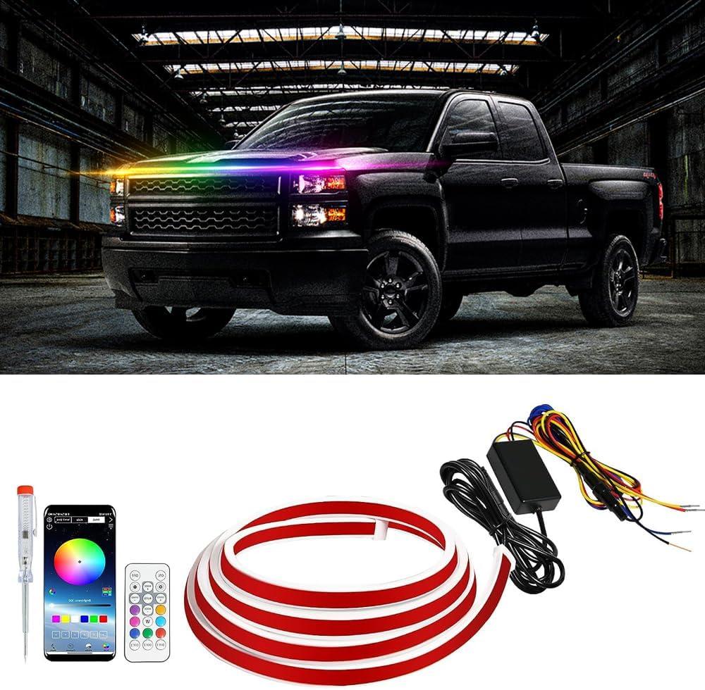 DREAMIZER 71" 12V RGB Car LED Lights Exterior Flexible Hood Light Strip,IP68 Waterproof Dynamic Car LED Strip Light with Turn Signal for Cars Truck SUV,APP Control