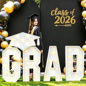 2026 Graduation Decorations 3FT GRAD Marquee Letters with Lights Class of 2026 Large Prom Light-Up Letters with Graduation Hat Pre-Cut Foam Board Frame for Ceremonies Party Senior Photo Props