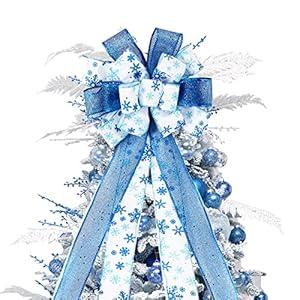 Christmas Tree Topper Bow, 44X12 Inch Artificial Xmas Tree Flower Topper Decor, for Family, Wedding, Birthday Party, Indoor Outdoor Thanksgiving Christmas Decoration - Blue/ White/ Snowflake.