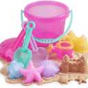 LotFancy 10PCS Sand Toys for Toddlers 1-3 3-5, Pink Beach Toys Set for Girls 18M+, Translucent Sand Castle Molds, Bucket, Sifter, Shovels & Watering Can, Durable Sandbox Toys for Kids