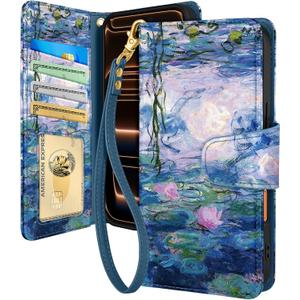 Toycamp for iPhone 17 Pro Wallet Case with Wrist Strap - Leather Flip Folio Phone Case with RFID Blocking 4 Card Holder for Apple for iPhone 17 Pro Funda Cute Aesthetic for Women Ladies, Water Lily