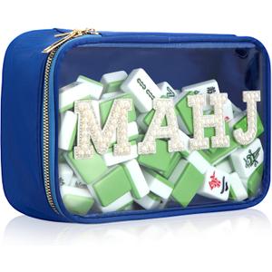Empty Mahjong Tile Bag American PVC Clear Mahjong Case Size 166 Waterproof Zippered Storage Tile Holder Rack Bag for Game Lover Gift Travel, Case Only (Navy Blue,Mahj)