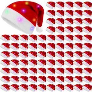 Panitay Christmas LED Light Up Hat Bulk Santa Plush Funny Red Xmas Lighted Hat for Merry Christmas Holiday New Year Adults Party Costume Props Supplies(100 Pcs)