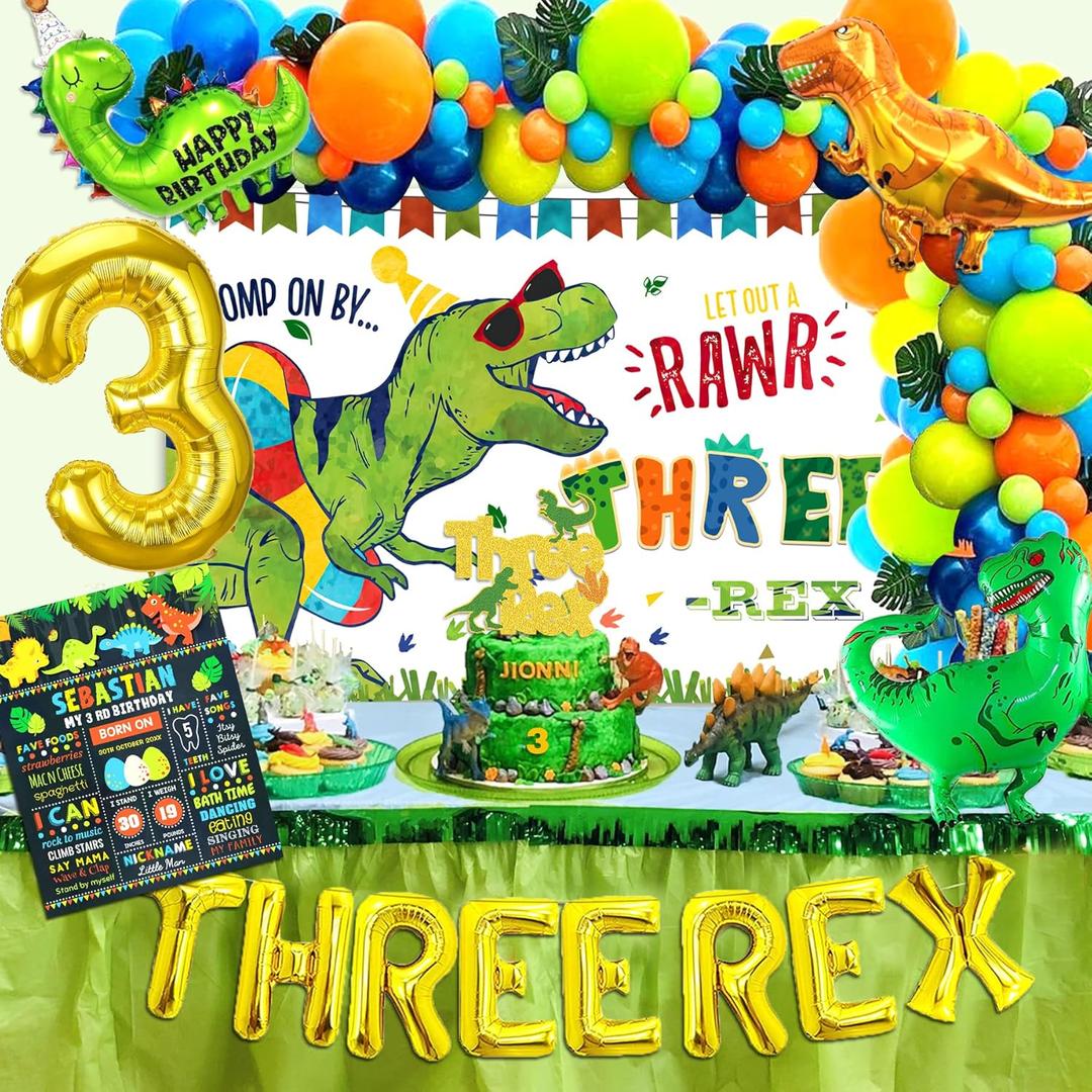 Three Rex Birthday Party Decorations Boy, 3 Rex Birthday Party with Backdrop Dinosaur Balloons Kit for Dinosaur 3rd Bday Decor Supplies (Green)