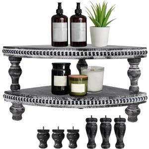 MAONAME Vintage Black Corner Pedestal Stand, Rustic Decorative Riser for Display, Farmhouse Wood Corner Counter Shelf with Beaded, Set of 2