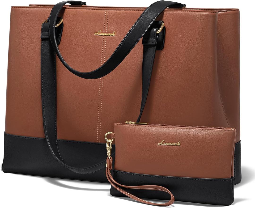 LOVEVOOK Laptop Tote Bag for Women 15.6 Inch Work Bag Leather Laptop Purse with Clutch, Large Computer Briefcase Bag for Office Business Teacher Casual (Brown&black-b)