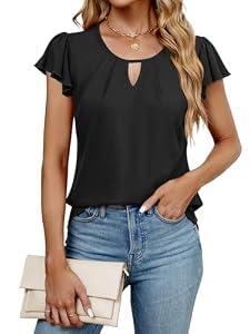IHOT Black Tops for Women Summer Casual Crewneck Shirts Short Ruffle Sleeve Soft Basic Tees 2024 Black L