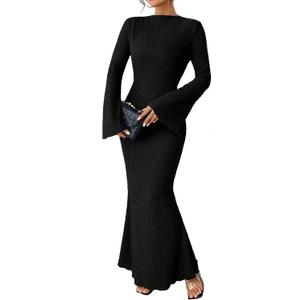 Narecte Fall Dresses for Women 2025 Maxi Dresses Solid Color Boho Dress Flare Sleeve Bodycon Dress (Small, Black)