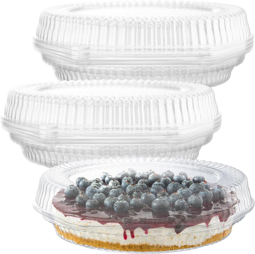 Supellectilem 10" Plastic Disposable Pie Containers with Hinged Locking Lids | 5 Round Pie Keepers/Flan Cake Containers for Transport