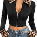 Milumia Women's Leopard Print Y2k Crop Jacket Faux Fur Trim Coat Outwear Clubwear (Medium, Black)
