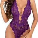 Aranmei Sexy Lingerie for Women Hollow Out Floral Lace Bodysuit One Piece Lingerie Deep V Teddy Babydoll Underwear (Light Purple)