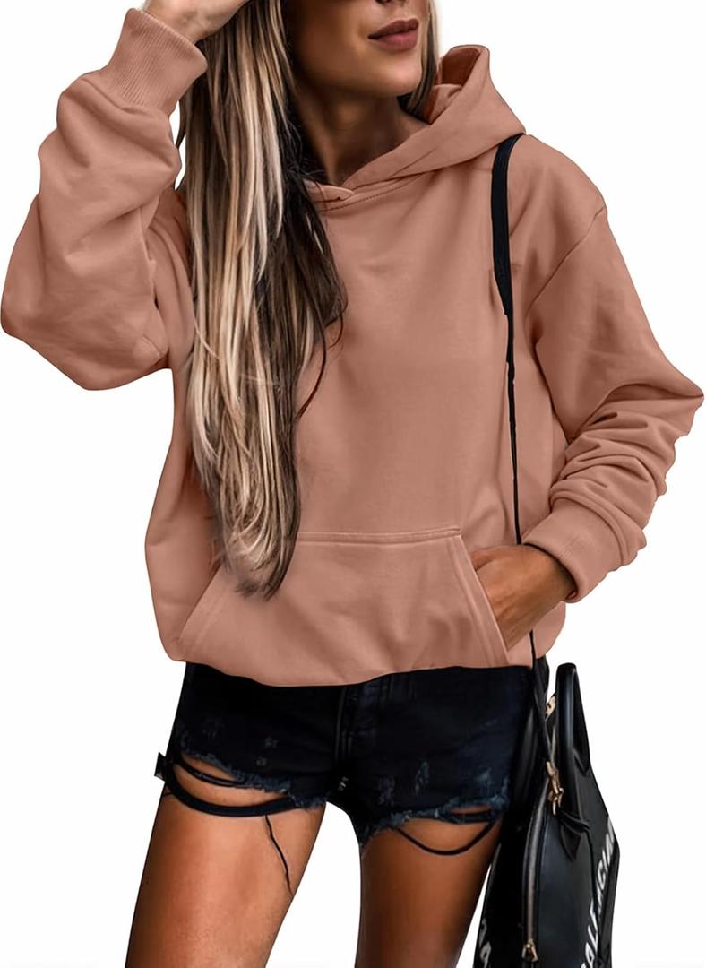 SHEWIN Womens Hoodies Casual Long Sleeve Solid Lightweight Hoodie Pullover Tops Soft Loose Hooded Sweatshirt Fall Clothes for Women 2024, US 4-6(S), Light Brown