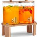2 PCS 1 Gallon Drink dispenser, Glass Beverage Dispenser With Wood Stand, Large Water Drink Dispensers for Parties With Stainless Steel Spigot, Ideal for Lemonade,Juice, Tea, and Party Drinks