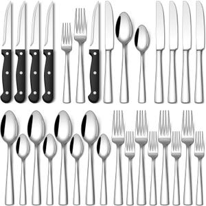Stapava 24-Piece Silverware Set with Steak Knives, Food-Grade Stainless Steel Flatware Set for 4 Mirror Polished Cutlery Utensil Sets Include Forks Spoons and Knives Set Dishwasher Safe