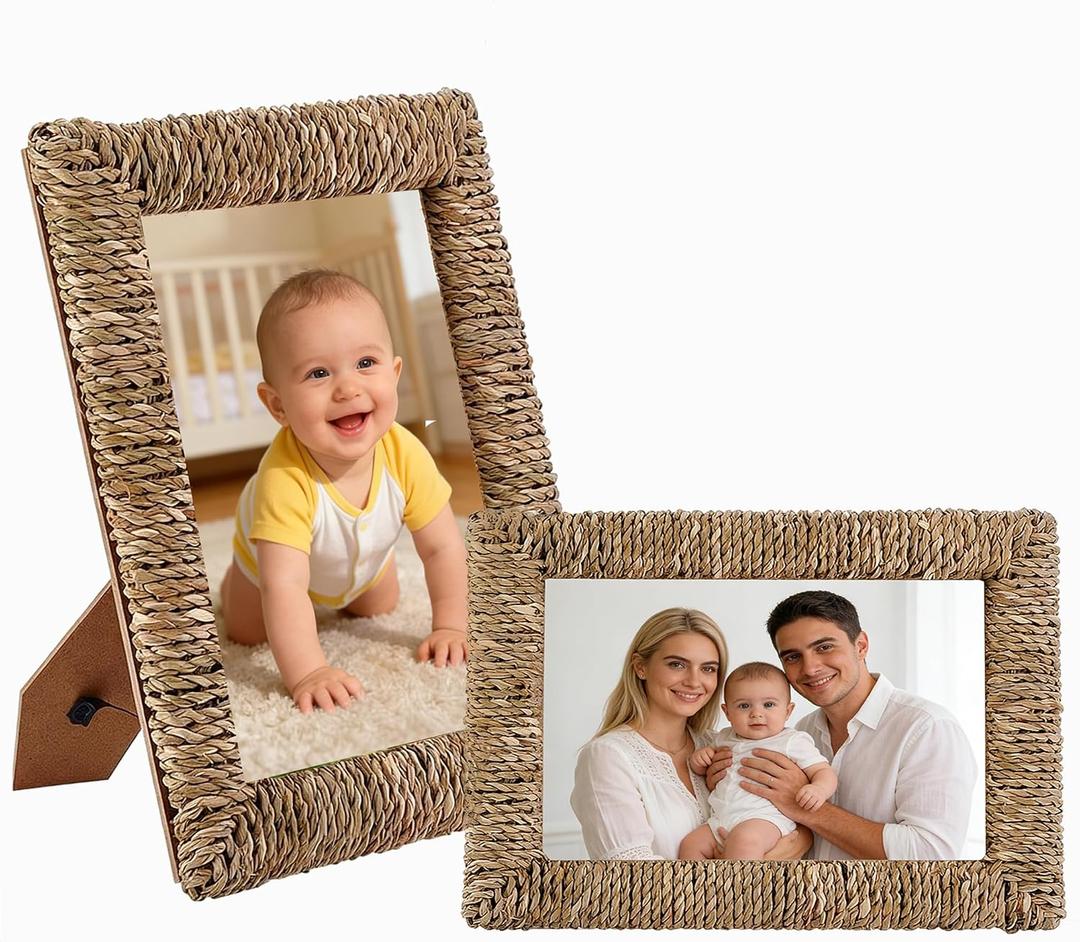 4x6 Boho Rattan Picture Frame, Handwoven Seagrass Woven Photo Frame with Acrylic Glass, Rustic Tabletop Frame, Boho Wicker Style for Family Photos and Coastal Farmhouse Home Decor