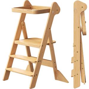 COSYLAND Foldi Foldable Toddler Kitchen Stool - Adjustable Height Toddler Standing Tower with Net & Safety Feet, IF Award-Winning Wooden Learning Step Tower for Kids Ages 18M-6Y, Natural