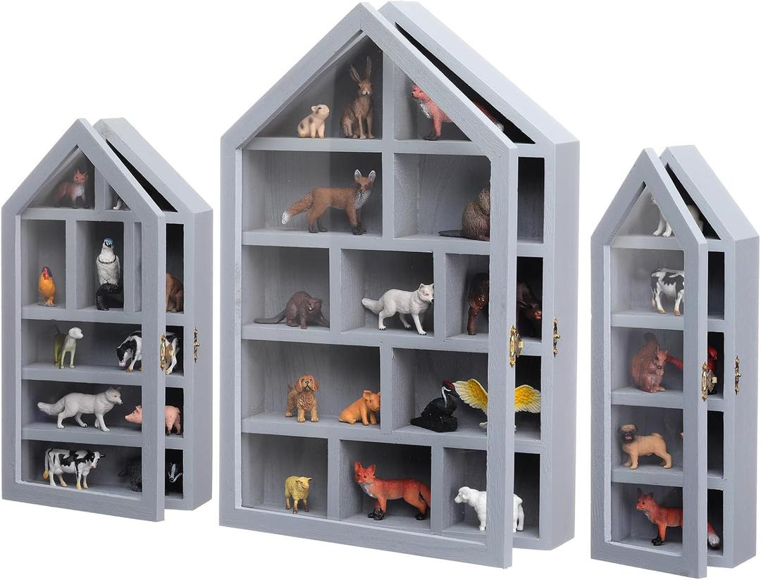 Set of 3 Wooden Trinket Display Shelf Shadow Box with Shelves 10 x 15 Inch Large Wall Mounted Display Storage Mini Figures Curio Trinket Medals Crafts Collections(Gray,House Shape) (Grey)