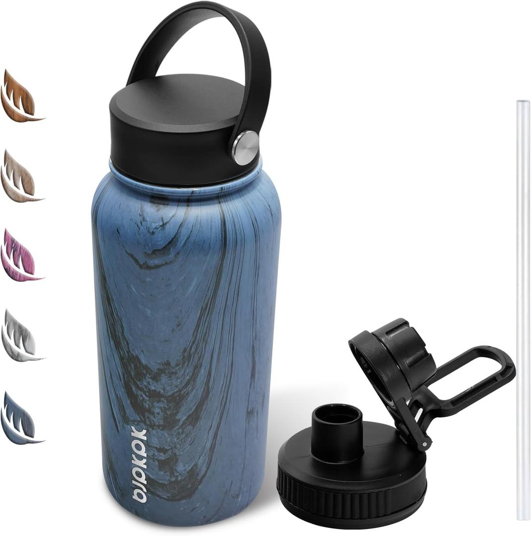 BJPKPK 27oz Insulated Water Bottles,Stainless Steel Water Bottle with Straw,Thermo Insulated Water Bottles with 3 Lids,Hot Cold Water Bottles for School-New-Prussian Blue