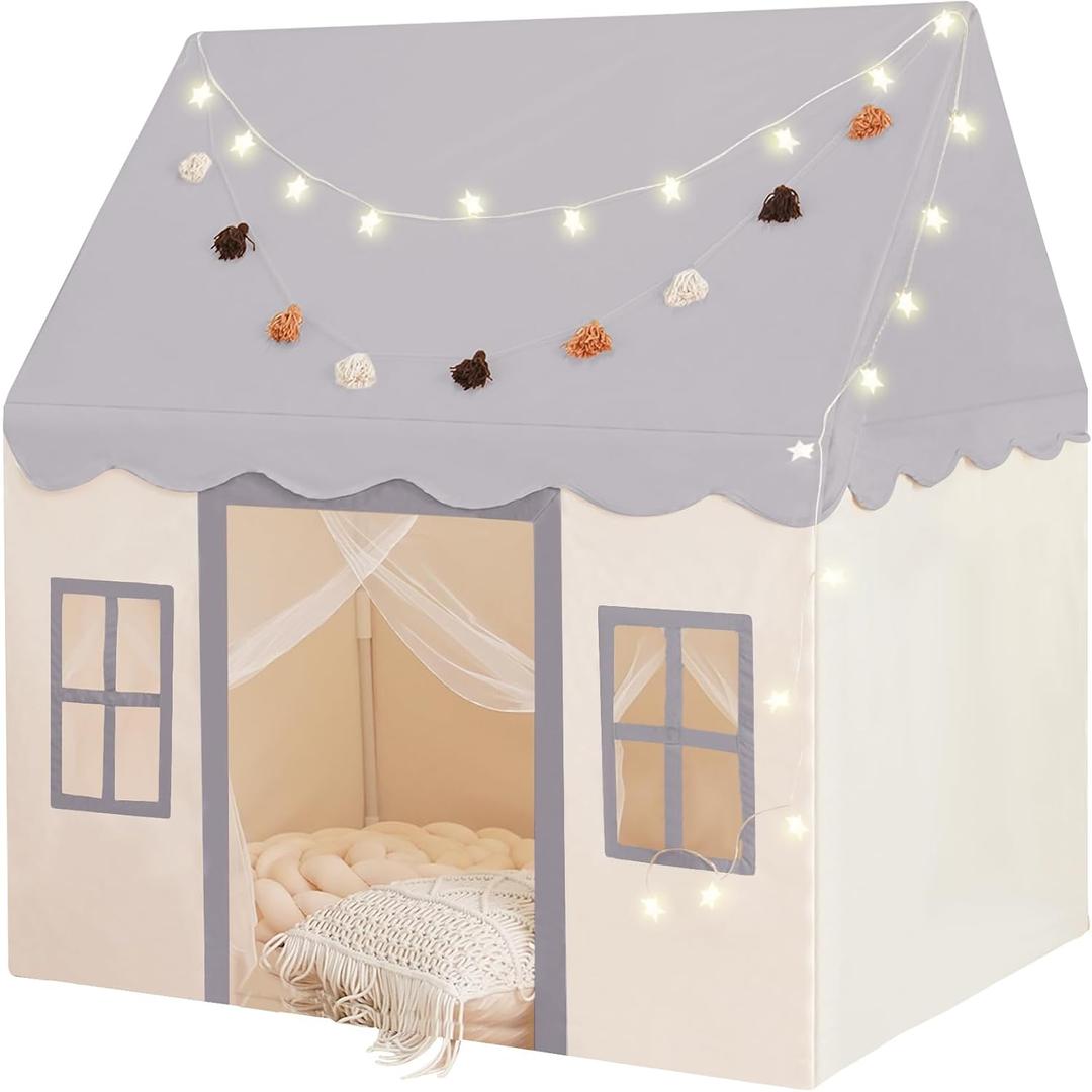 Little Dove Play Tent with mat, Star Lights, Tissue Garland, Kids playtent Indoor, Toddler Play Tent Large Outdoors for Kids Aged 3+, 52" x35" x 52", Toddler Teepee Play House with Windows Grey Color 