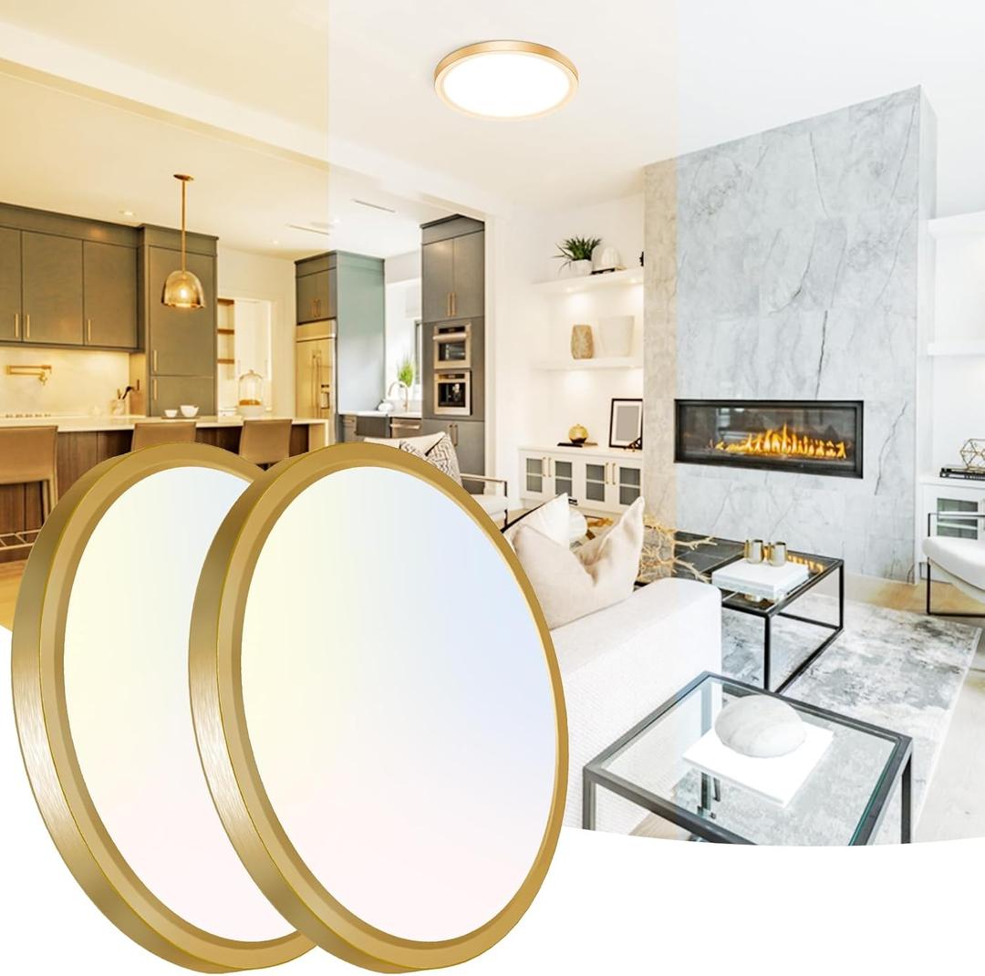 Peasur 12 Inch LED Ceiling Light Gold, 24W Slim Flush Mount Ceiling Light 3000K/4000K/6500K Adjustable, Modern Round Ceiling Lighting for Bedroom, Living Room, Kitchen(2 Pack) (12IN-2 Pack)