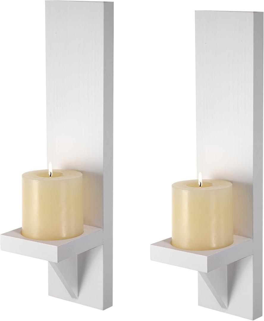 OwnMy Set of 2 Wooden Wall Candle Sconces Rustic Wall Pillar Candle Sconces, White Hanging Wall Candle Sconce Farmhouse Candle Holders for Living Room (White)