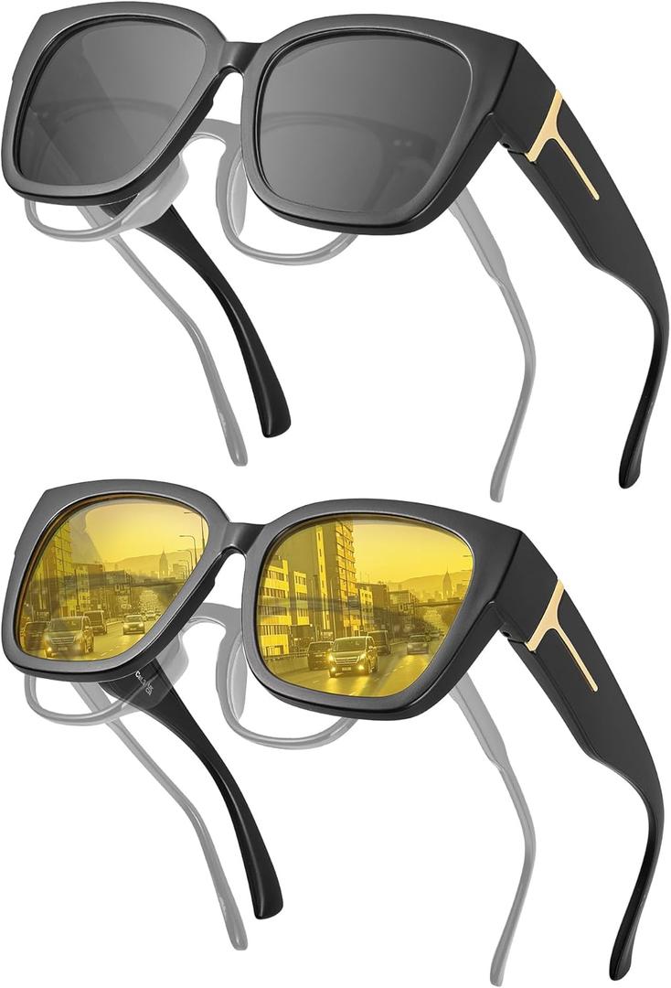 JIM HALO Polarized Sunglasses Fit Over Glasses for Men Women, Square Night Vision Glasses for Driving UV Protection 2 Packs