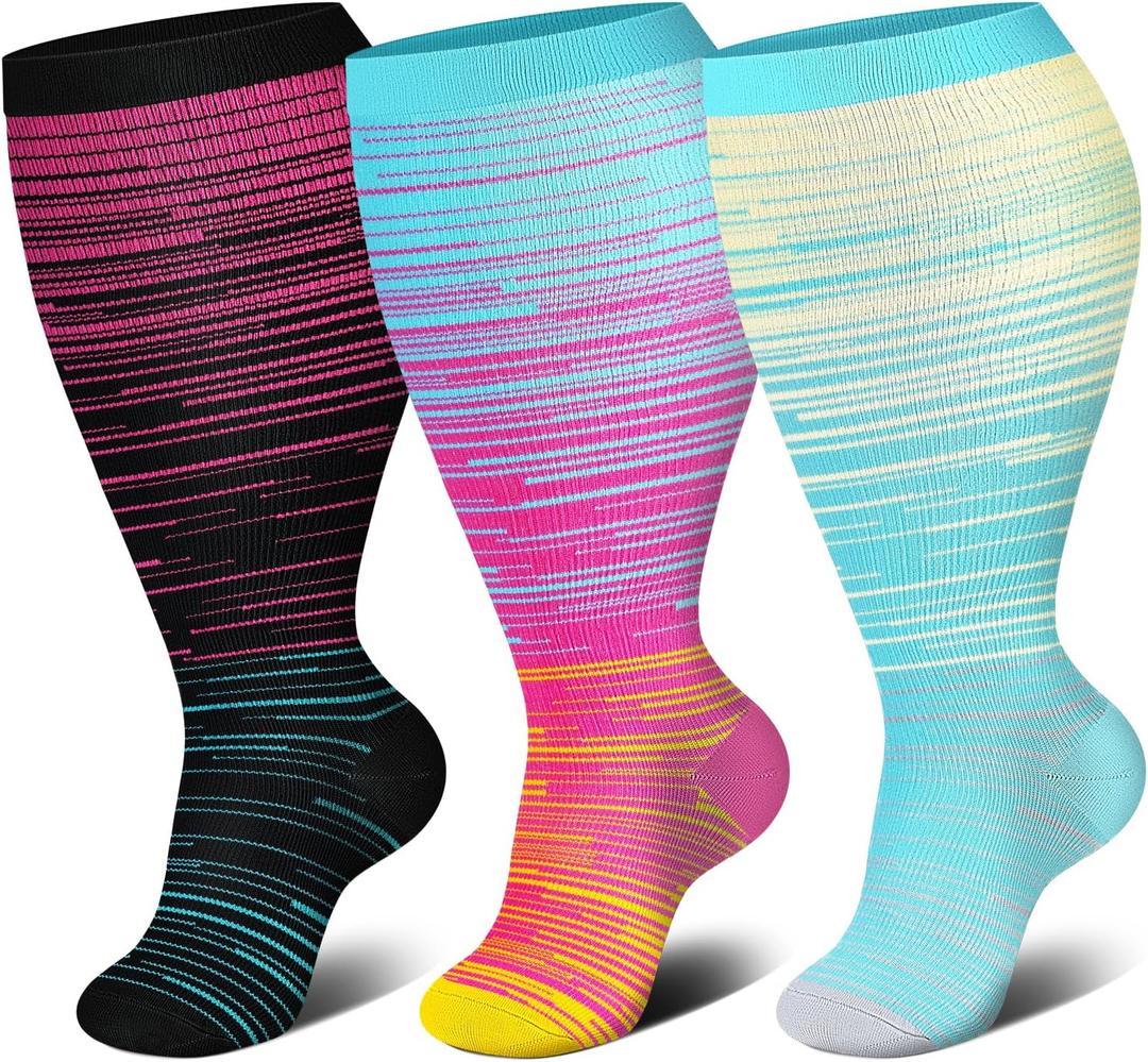 Genovega 3 Packs Wide Calf Compression Socks for Women Men Knee Hight S/M-4XL for Gifts (M)
