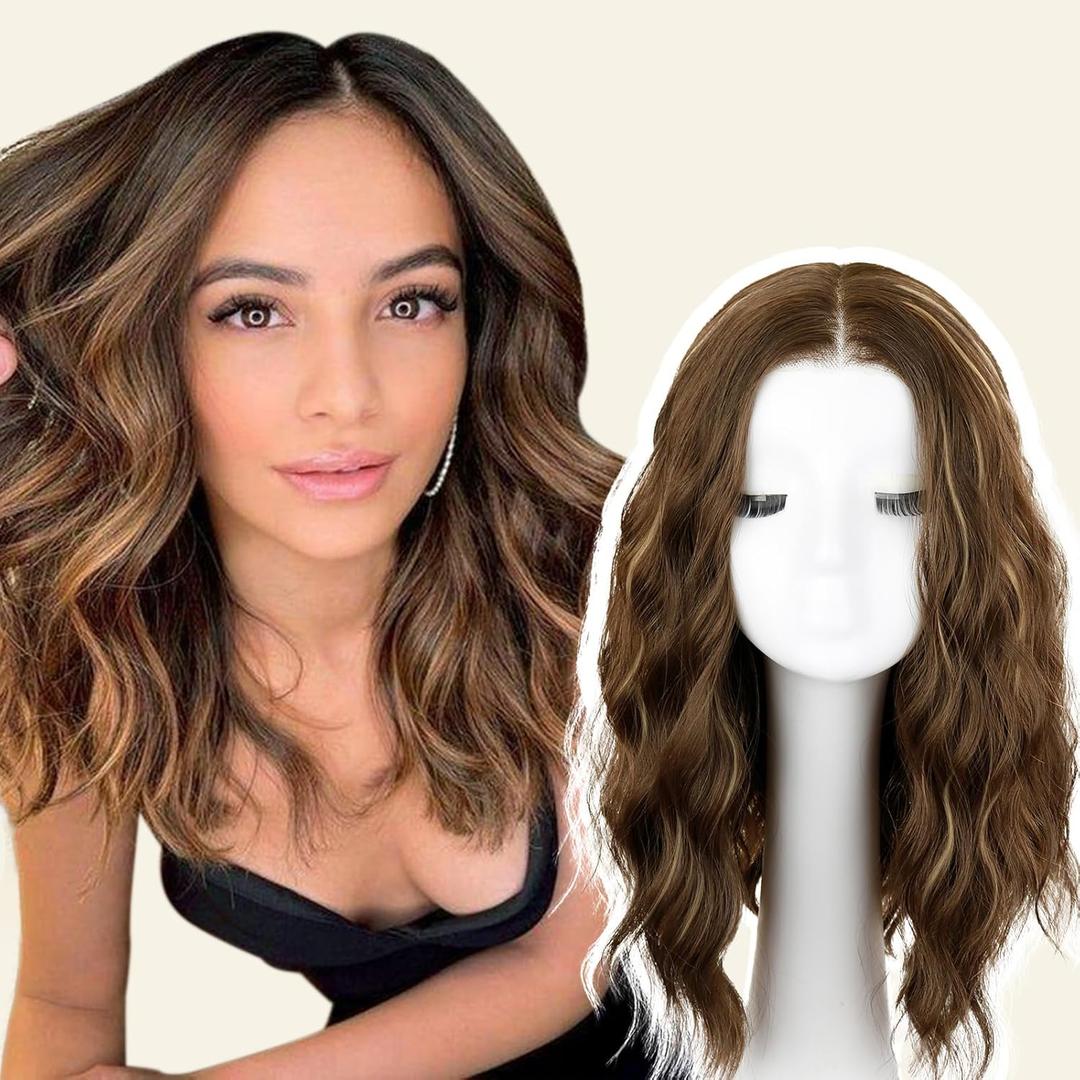 Brown Highlight Short Wavy Wig for Women Shoulder Length Middle Part with Pre Cut Lace Hairline Wavy Wig Natural Appearance Synthetic Heat Resistant Fiber for Everyday Hairstyle 16 Inch