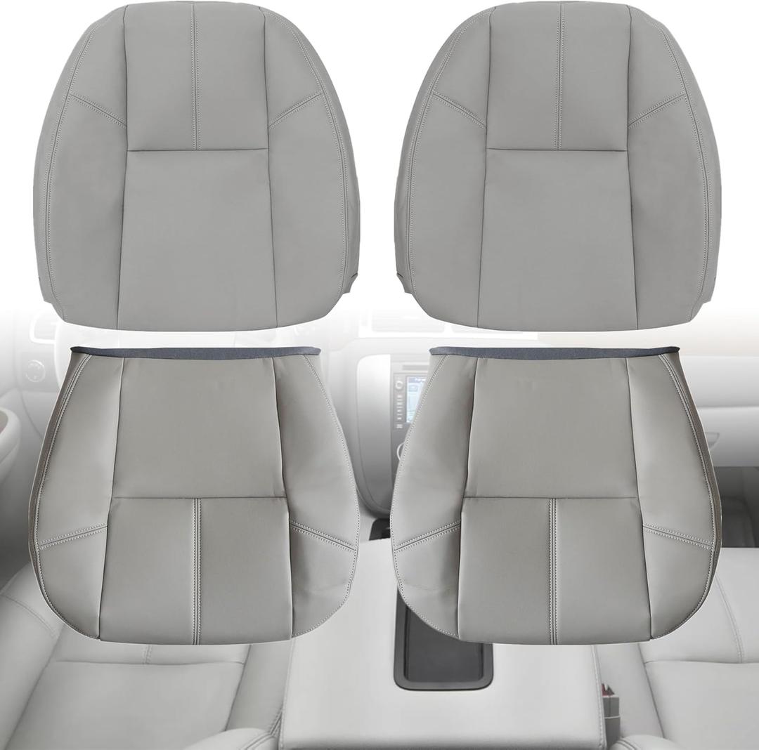 GXARTS Driver And Passenger Side Bottom And Top Lean Back Replacement Leather Seat Cover Light Gray #833 Fit For Chevy Silverado Avalanche Tahoe Suburban GMC Sierra Yukon 2007 2008 2009 2010 2012-2014