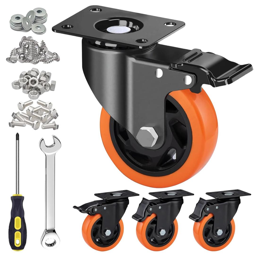 4 Inch Orange Heavy Duty Locking Caster Wheels Set of 4  2400LBS Total Capacity, PU Industrial Casters with Dual Brake for Workbench, Cart & Equipment  Heavy Duty Industrial Use Only