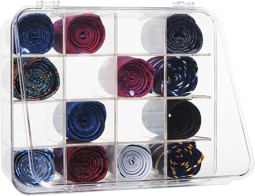 HUHYNN Tie Rack Organizer, Clear Tie Organizer Box, Acrylic Tie Display Rack for 16 Ties Storage, Tie Box Organizer for Men Tie Holder (Transparent)