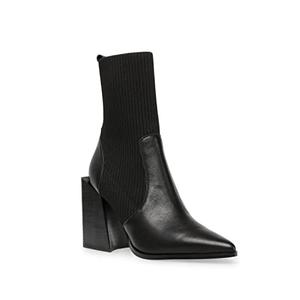 Lvemas Womens Chunky Stacked Heel Ankle Boots Pointed Toe Booties Slip On Ribbed Knit Sock Boot, Black, 9