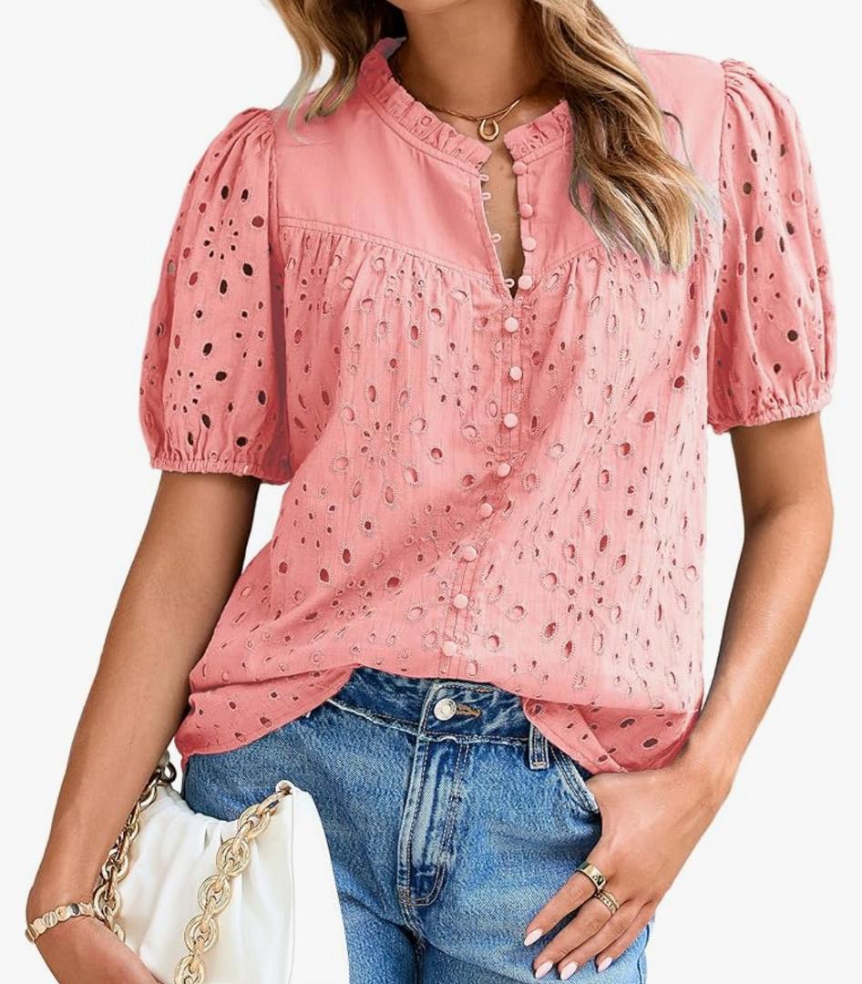 Glamaker Womens Summer Tops Blouse 2025 Casual Eyelet Embroidered Short Puff Sleeve Lace Hollow Out Button Dressy Shirts, Large Glamaker Womens Summer Tops Blouse 2025 Casual Eyelet Embroidered Short Puff Sleeve Lace Hollow Out Button Dressy Shirts, Large