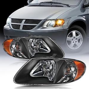 Nilight Headlight Assembly for 2001 2002 2003 2004 2005 2006 2007 Chrysler Town & Country 2001-2003 Voyager 2001-2007 Dodge Grand Caravan Replacement Black Housing Amber Reflector