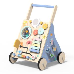 Wooden Baby Walker, Baby Push Walker with Montessori Toy for Girls Boys, Toddler Walking Toys for 18 Months of Age and Over Learning to Walk, Sit-to-Stand, Baby Activity Center for Kids Development