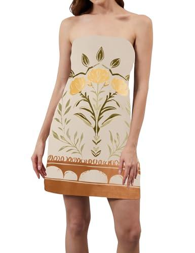 TERIVEEK Women Strapless Tube Mini Dress Casual Summer Boho Floral Print Sleeveless Backless Going Out Beach Short Dress, S