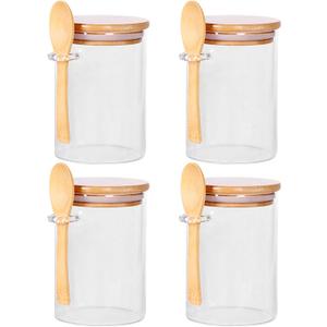 4 Pack Glass Containers with Lids and Spoons, Overnight Oat Container with Lids Glass, Oatmeal Jar with Spoons, Meal Prep Jars for Yogurt, Chia Pudding (Round 4PCS)