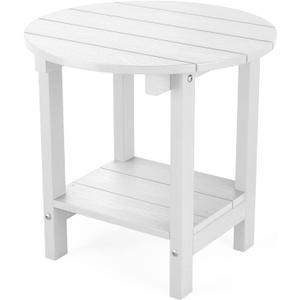 Round Outdoor Side Table Adirondack Tables 18 Inch Chairside End Tables with Storage Shelf, 2-Tier Plastic Patio Side Table for Balcony Backyard Lawn (White, 1 Pack)