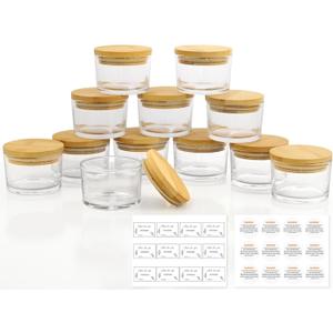 YZEROBAMB 12 Pack 4 OZ Thick Heat-Resistant Glass Candle Jars with Bamboo Airtight Lids, Empty Storage Container DIY Candle Making Jar, Labels, Gifts,Clear